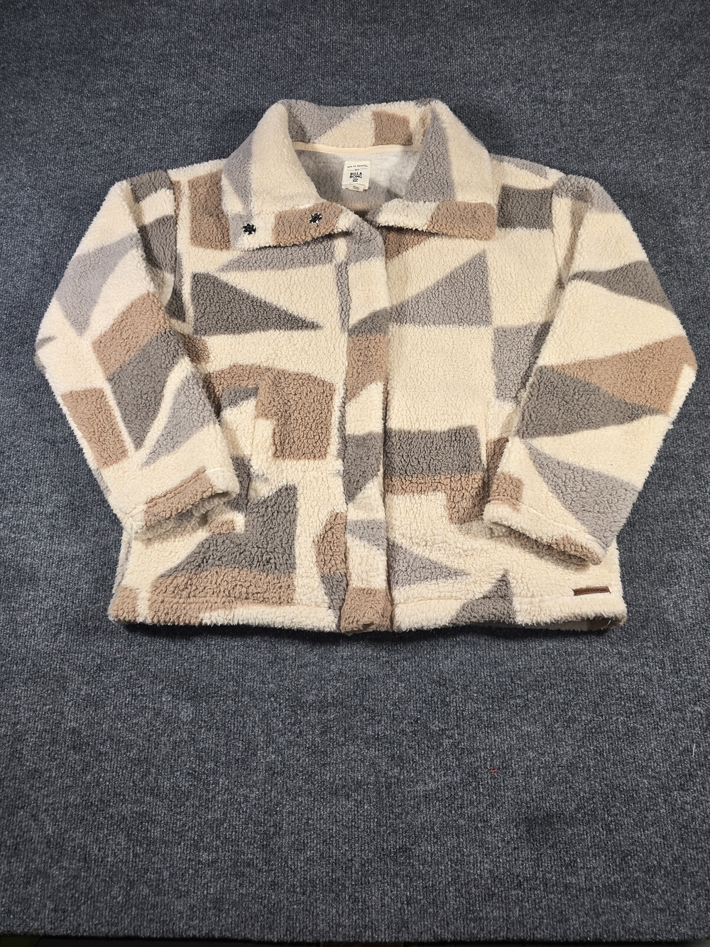 Billabong Cozy Days Sherpa Fleece Jacket Cream Brown Gray Geometric Women’s L